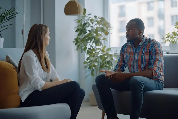 Man and woman talking during a mental health counseling session at Mentally Healthy Care