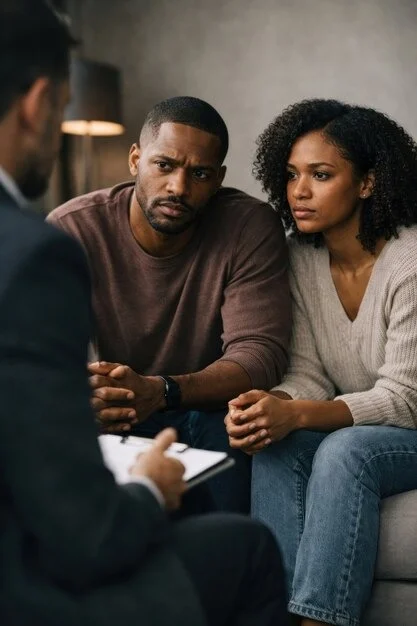 Couple attentively listening to their relationship counselor at Mentally Healthy Care in Long Beach, CA