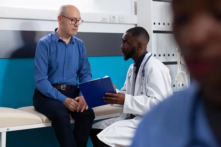 Male physician performing health assessment on elderly client at Mentally Healthy Care