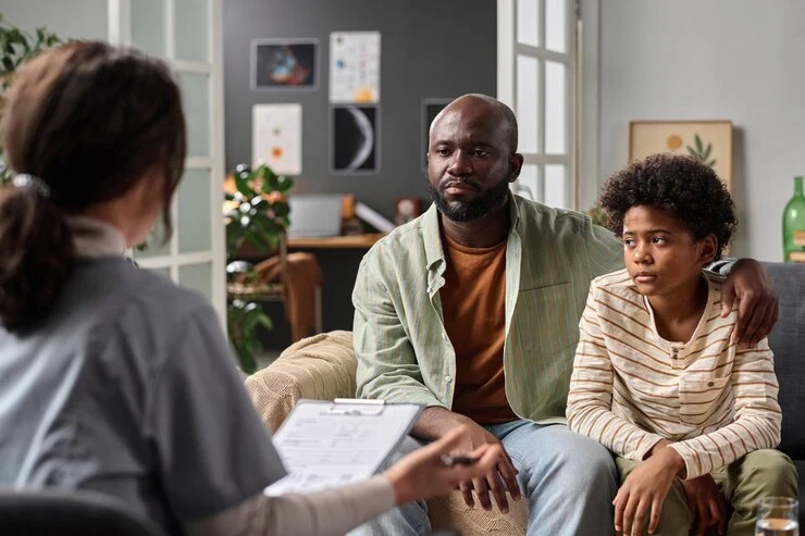 Father and young son attending family therapy session with counselor at Mentally Healthy Care in Long Beach